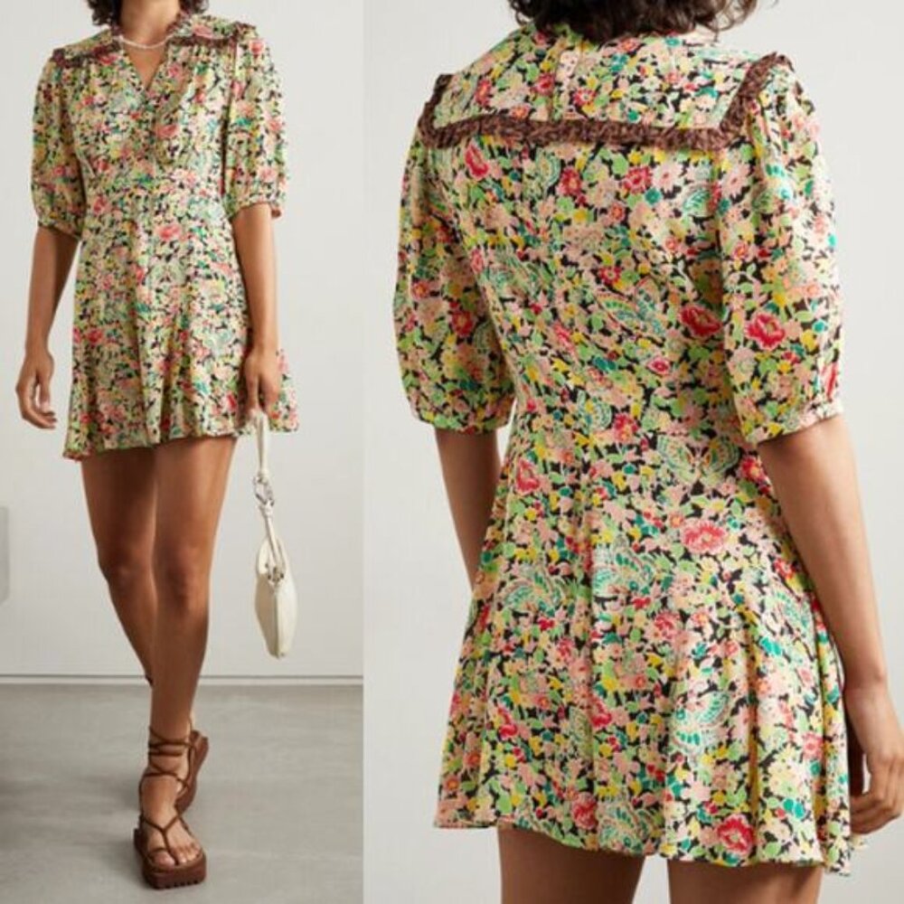 NWT Rixo Rina Crepe Trimmed Printed Floral Voile Playsuit Romper Size: 12